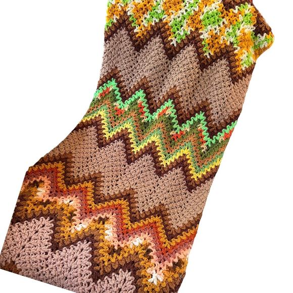 Handmade Afghan Retro Crochet Blanket Chevron Brown Green 70s Style VTG 45”x75” - Picture 1 of 5